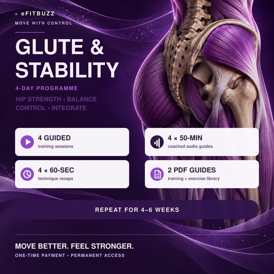 eFitBuzz Glute and Stability four-day programme cover in refined purple with anatomical hip and glute detail