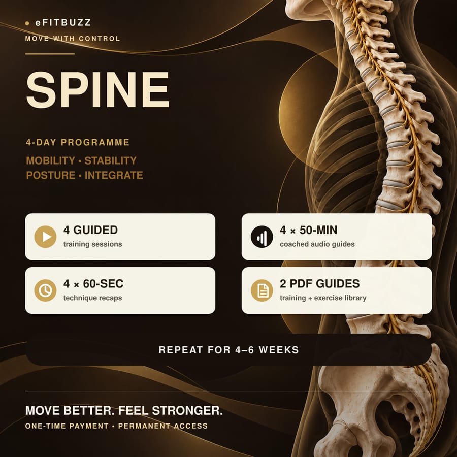 eFitBuzz Spine four-day programme cover in espresso and antique-gold with anatomical spine and nerve roots